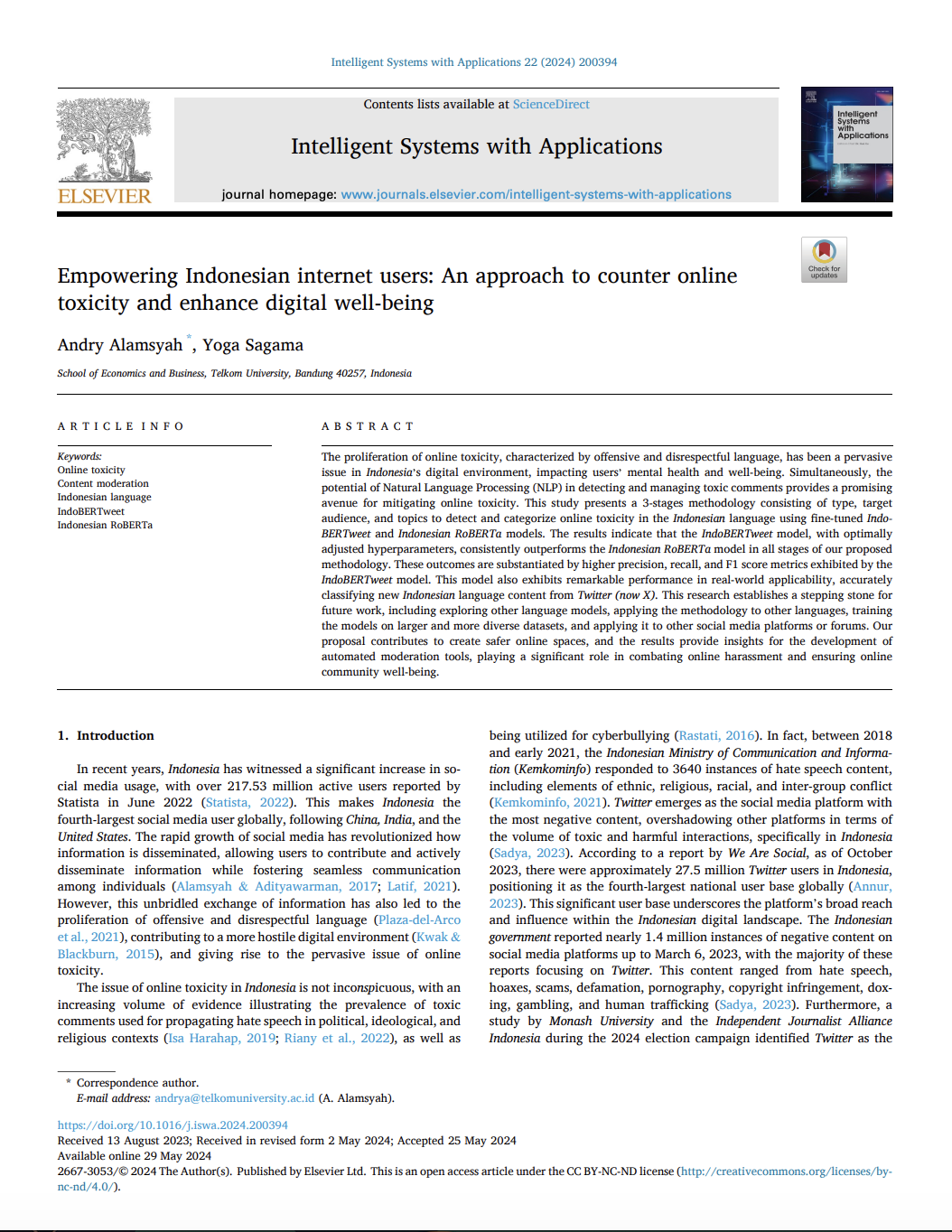 Halaman paper di jurnal Intelligent Systems with Applications (Elsevier)